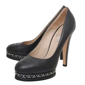 Calfskin CC Cap Toe Platform Chain Pumps